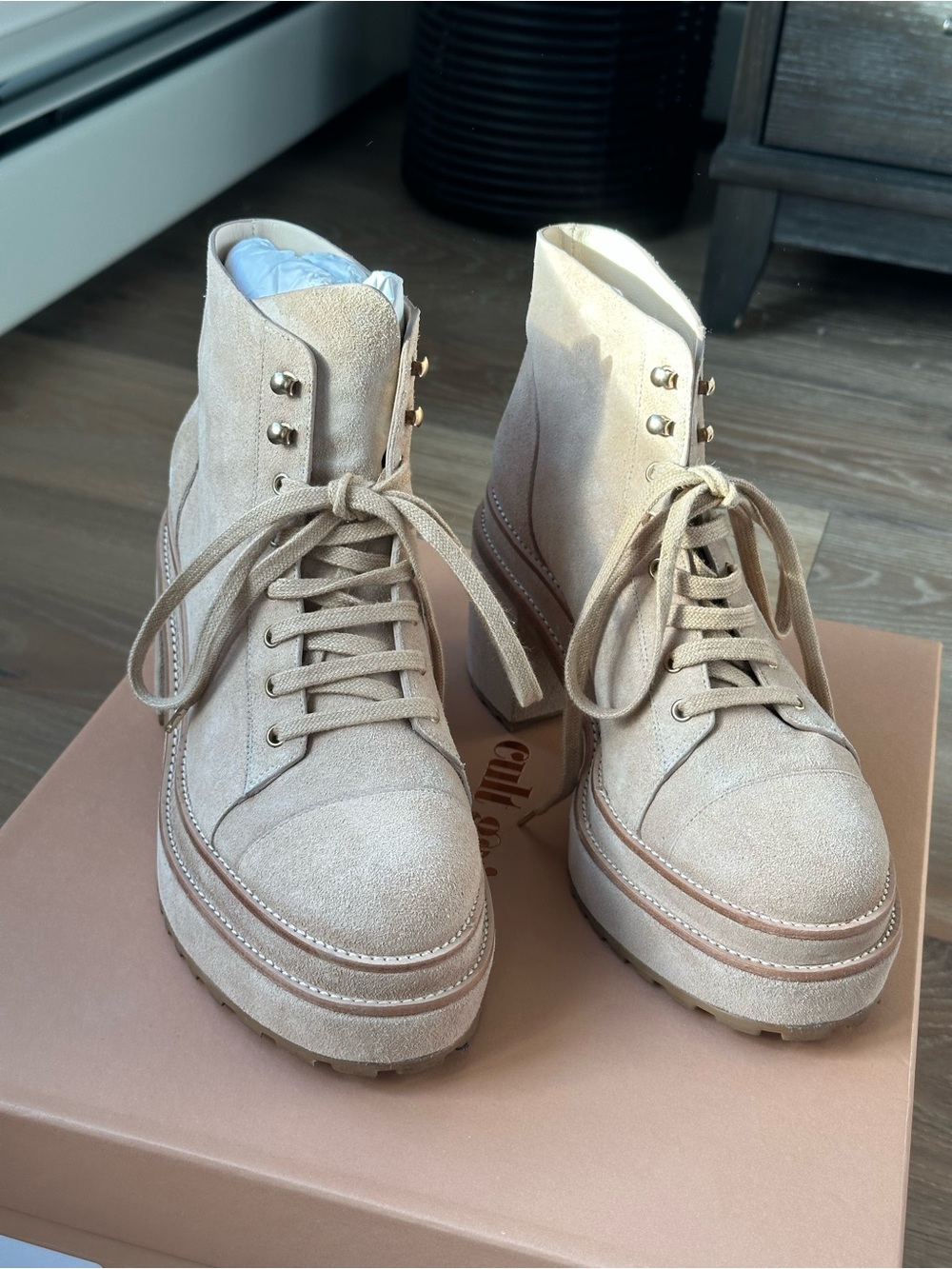 cult gaia Beige Suede Platform Lace-Up Ankle Boots